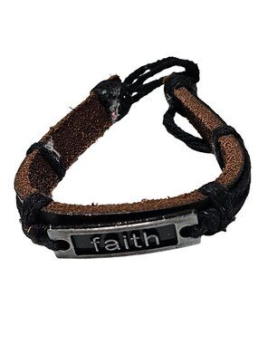 Handcrafted Faith Bracelet Brown Leather Black Cord Inspirational Rustic Boho